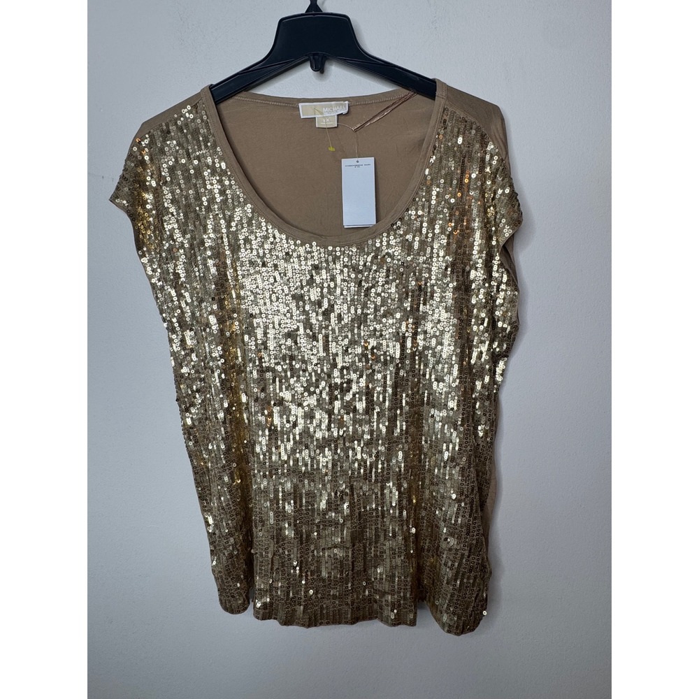 Michael Kors Dark Camel Gold Sequin Front Short Sleeve‎ Top